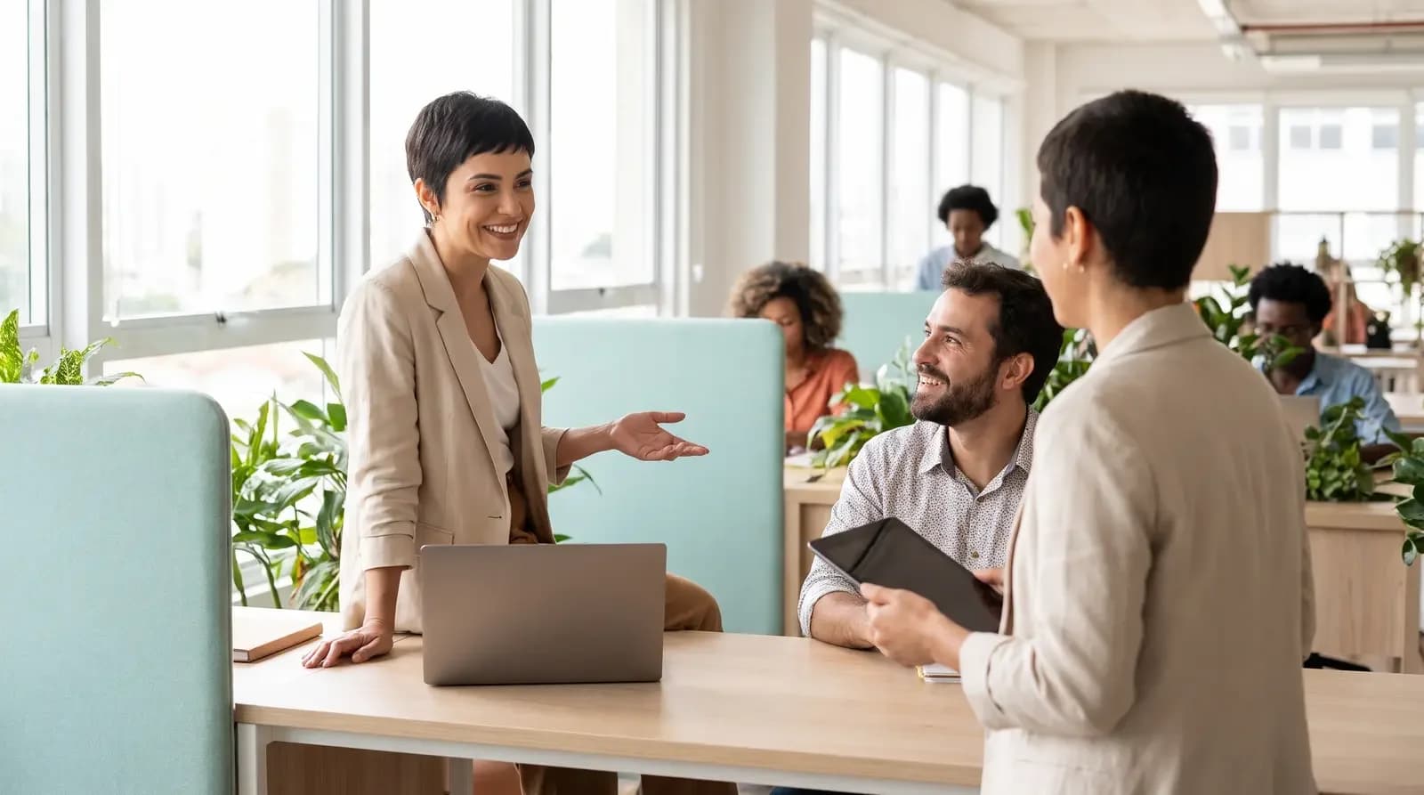 Profissionais conversam sorridentes em um escritório moderno com notebooks e tablets sobre a mesa.