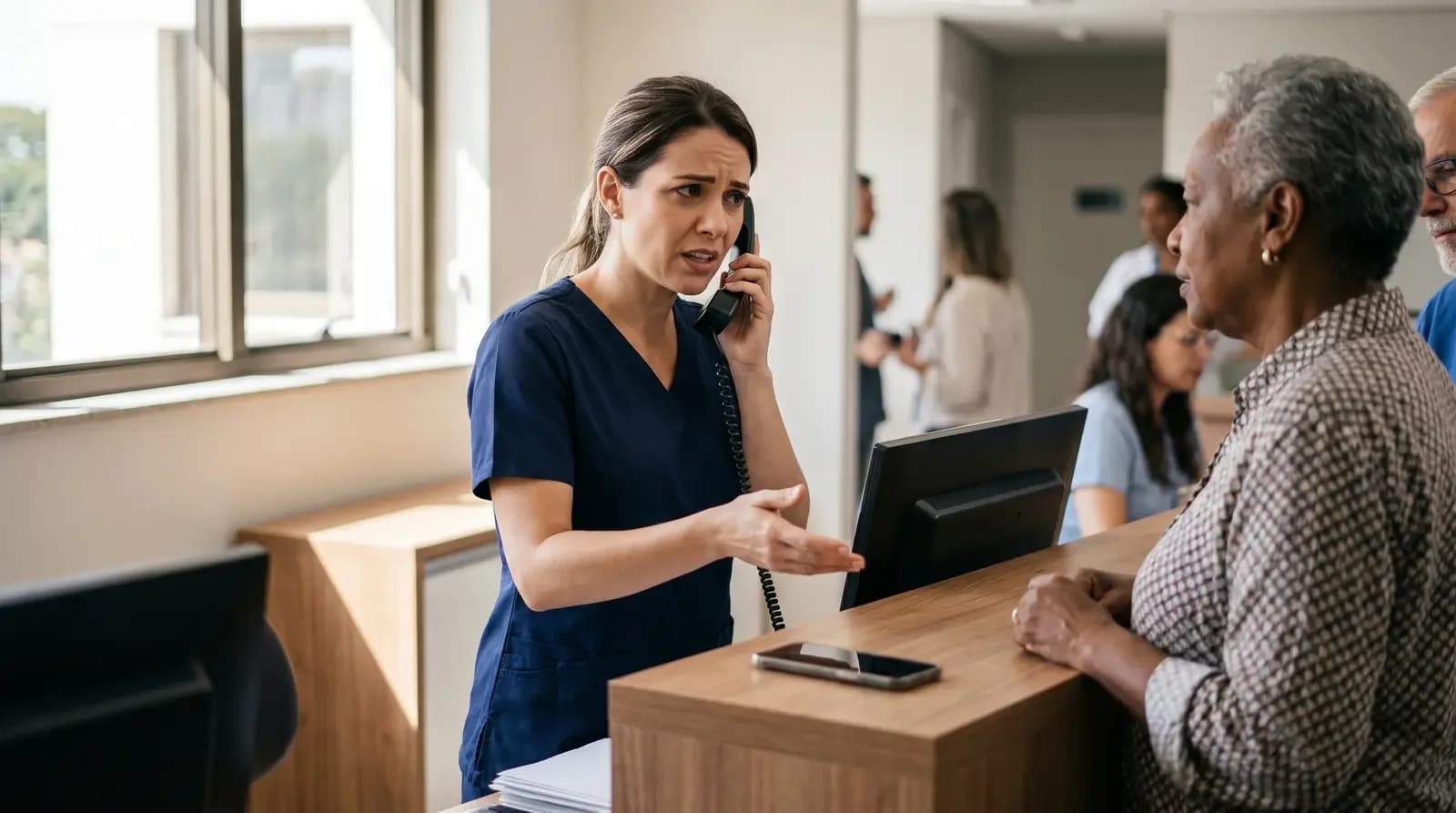 Recepcionista de clínica atende telefone preocupada enquanto atende uma paciente idosa no balcão.
