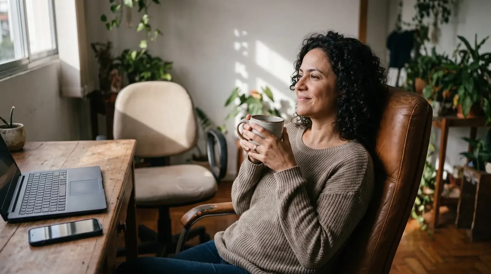 Mulher sorridente sentada em cadeira de couro segurando uma xícara de café ao lado de um notebook.