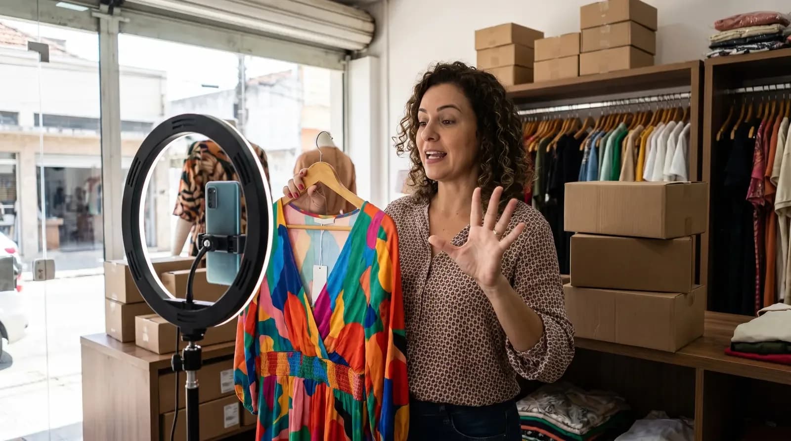 Mulher apresenta vestido colorido em transmissão ao vivo com celular e anel de luz em loja de roupas.
