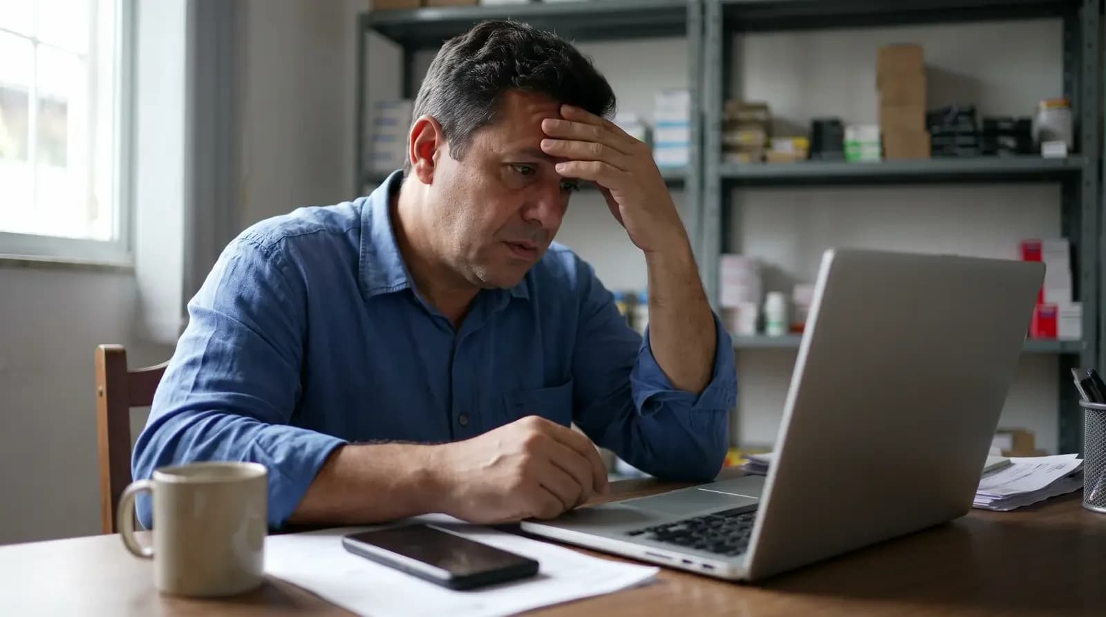 Homem preocupado olhando para o notebook com a mão na testa, ao lado de uma xícara de café e celular.