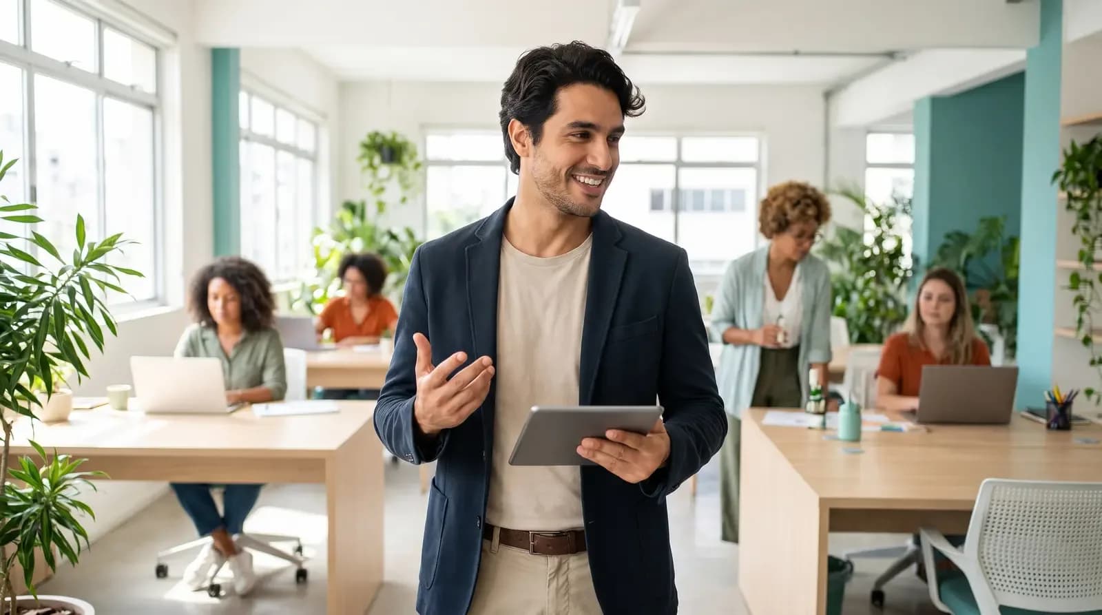 Homem sorridente segurando tablet em um escritório moderno com pessoas trabalhando ao fundo.