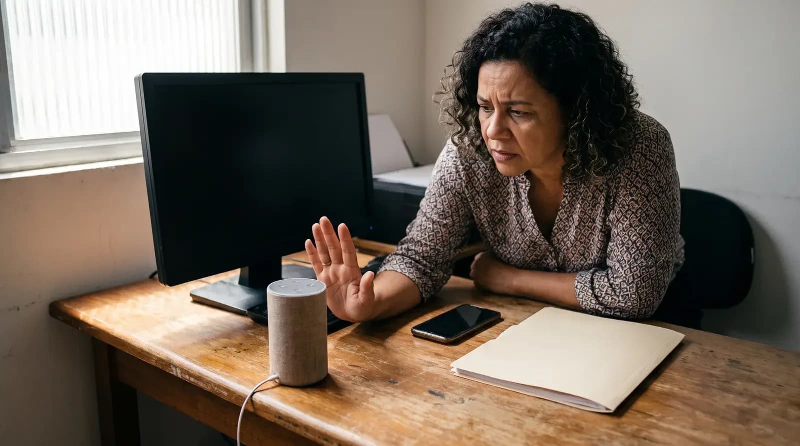 Mulher em frente a um computador fazendo sinal de pare para uma caixa de som inteligente sobre a mesa.
