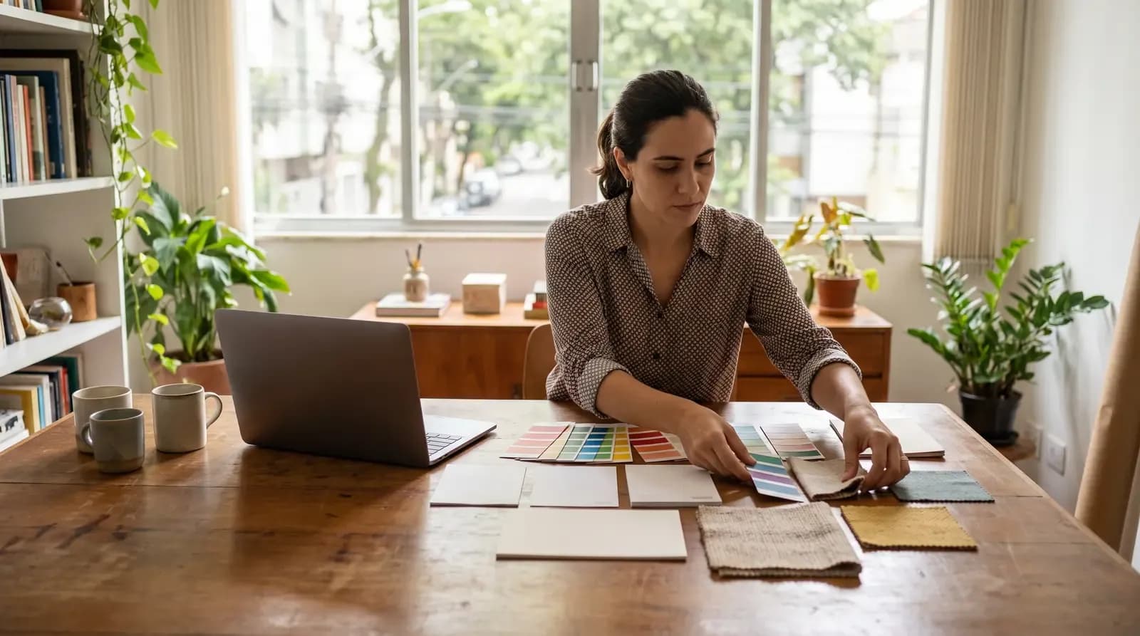 Mulher sentada à mesa de madeira analisando paletas de cores e amostras de tecido com um notebook ao lado.