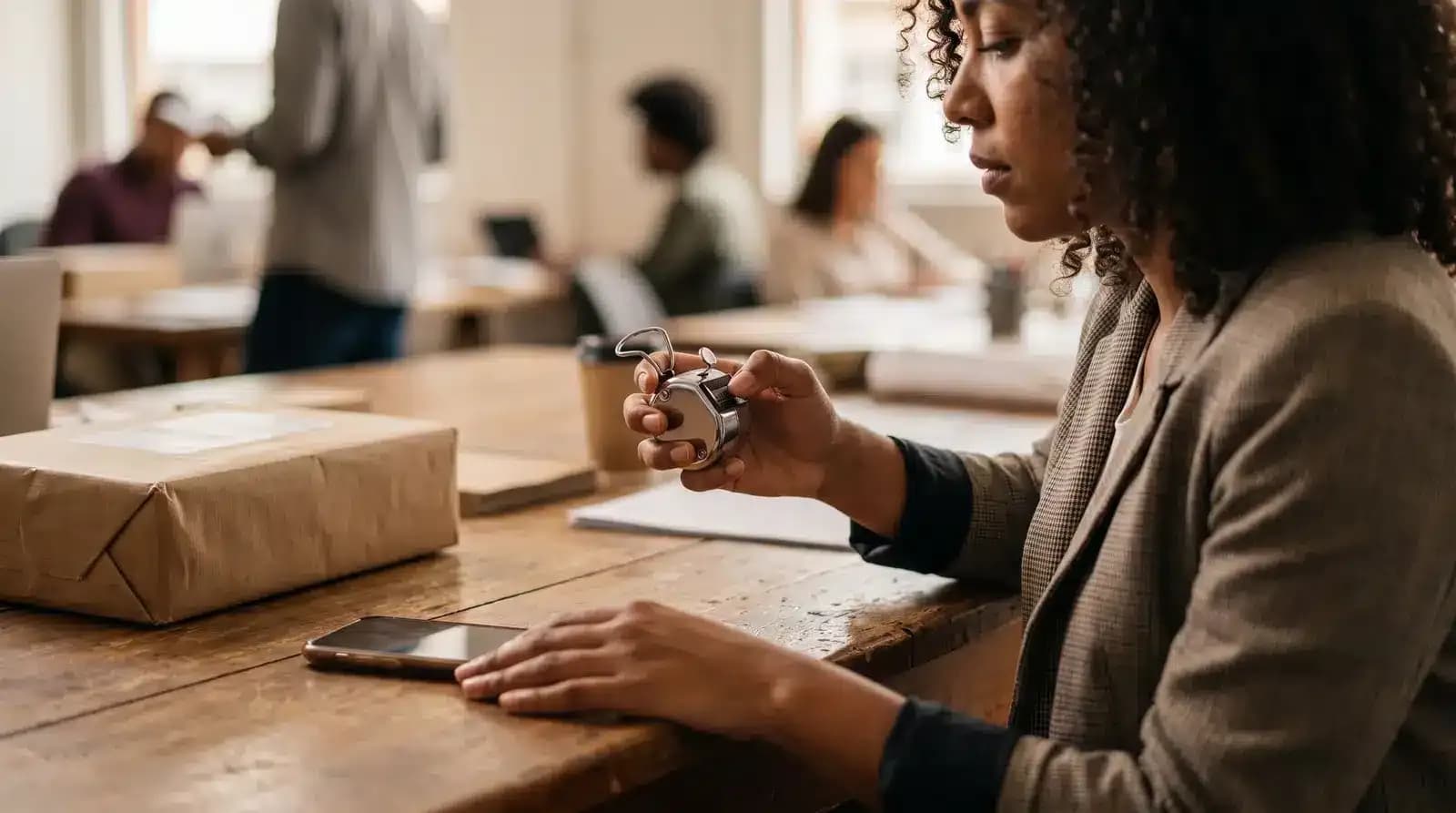 Mulher em escritório usando contador manual de cliques ao lado de uma caixa e celular.