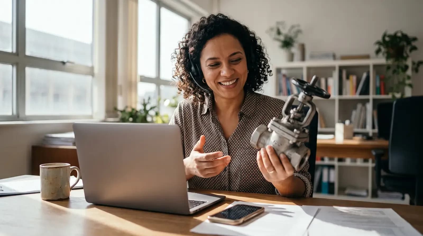 Mulher sorridente com headset segura peça metálica em uma videochamada no notebook sobre a mesa.