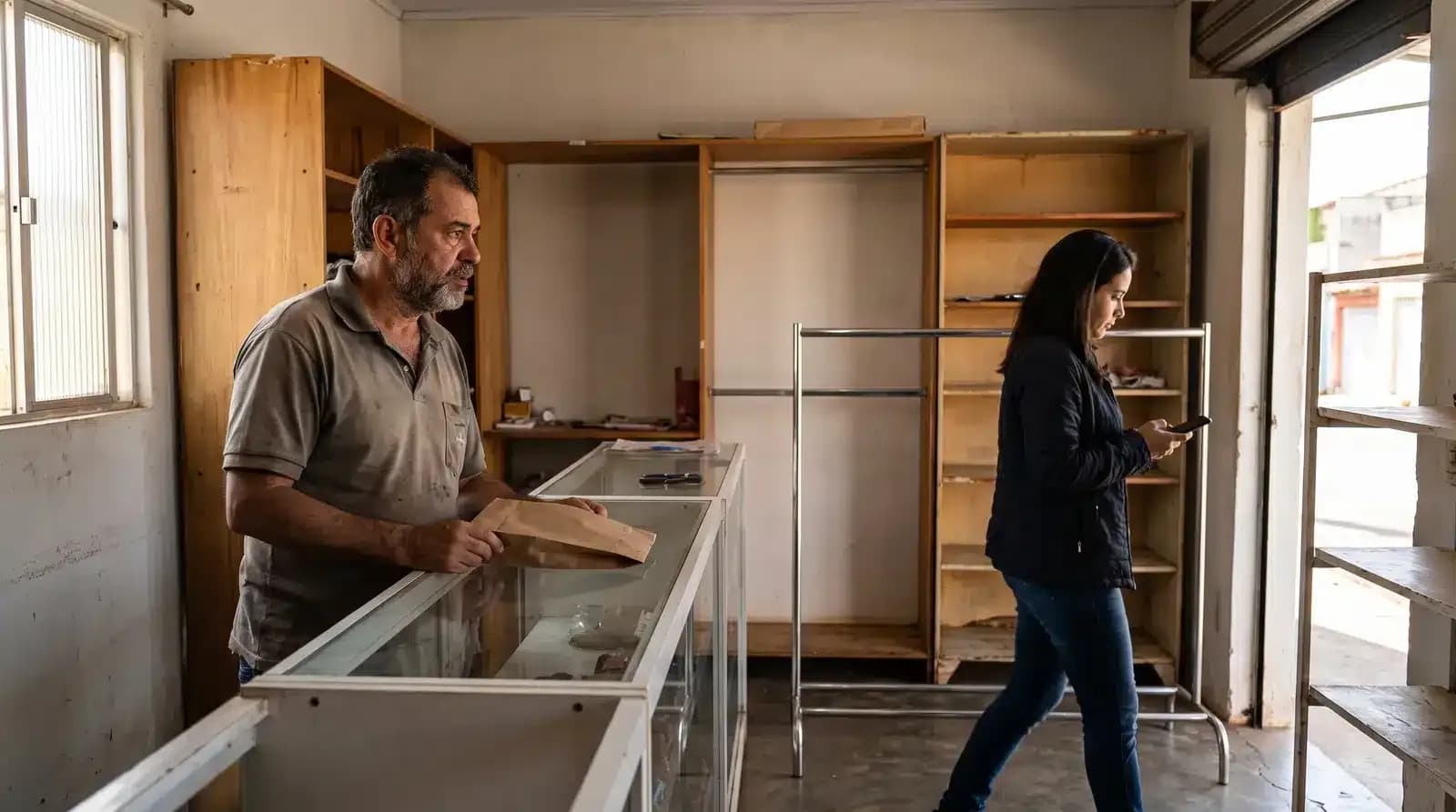 Comerciante no balcão de uma loja pequena enquanto mulher caminha usando o celular.