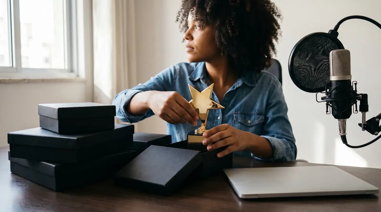 Mulher segurando troféu de estrela dourada ao lado de caixas pretas e microfone de estúdio.