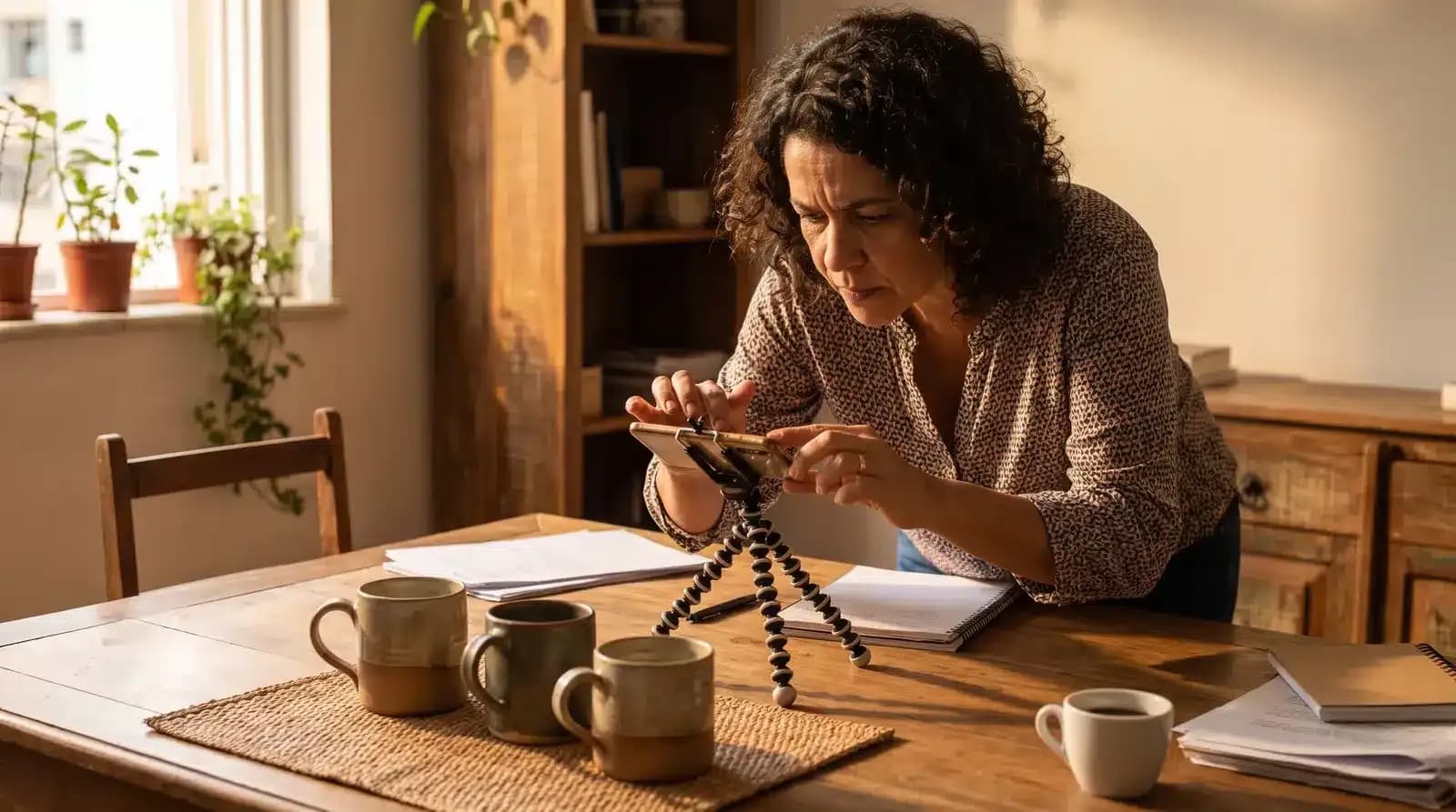 Mulher ajustando celular em tripé sobre mesa de madeira com xícaras e documentos.
