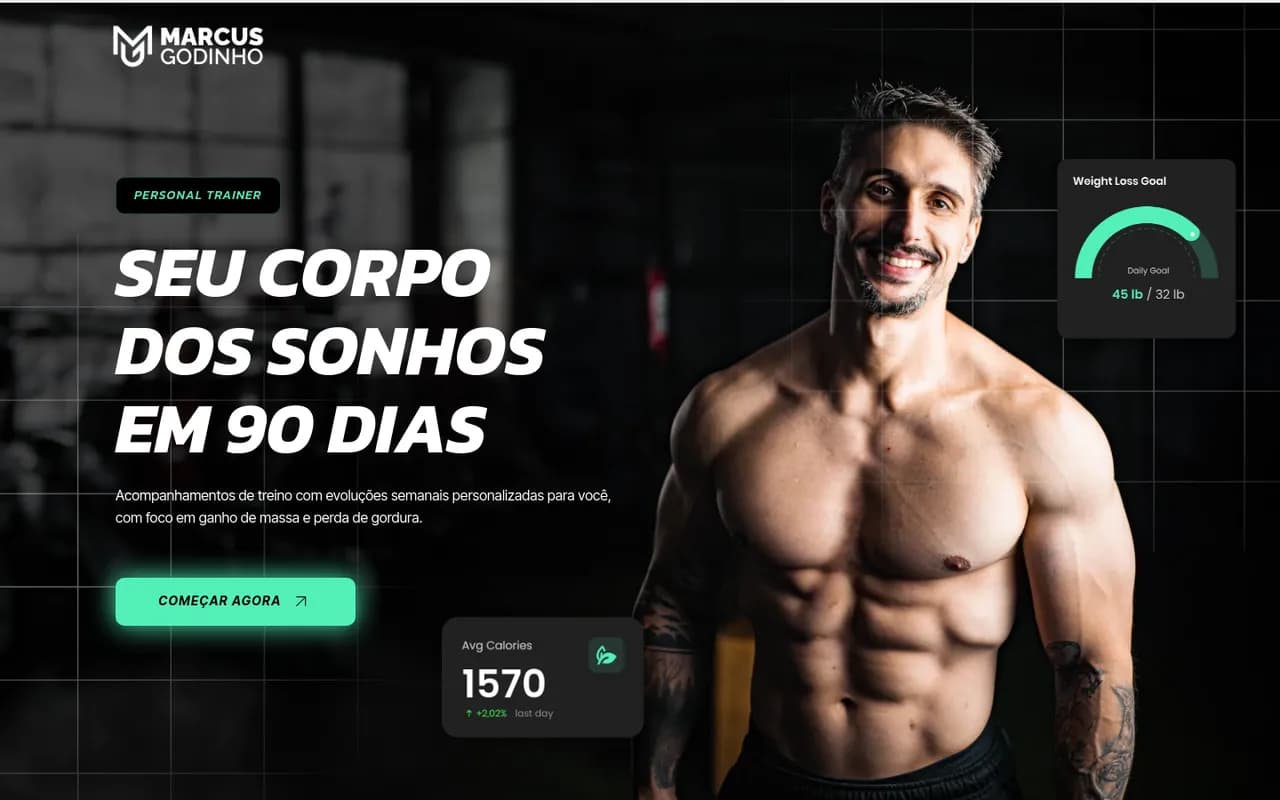 Primeira tela do site Marcus Personal