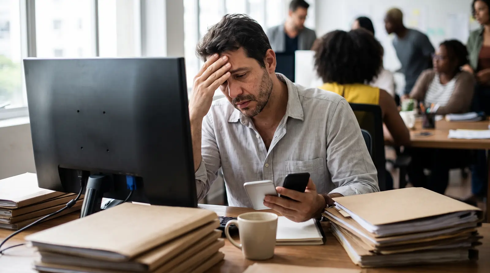 Homem cansado sentado em mesa de escritório com pilhas de pastas, olhando para dois celulares em mãos.