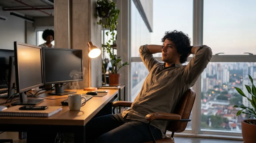 Homem reclinado na cadeira de escritório observando a vista da cidade ao entardecer ao lado de monitores.
