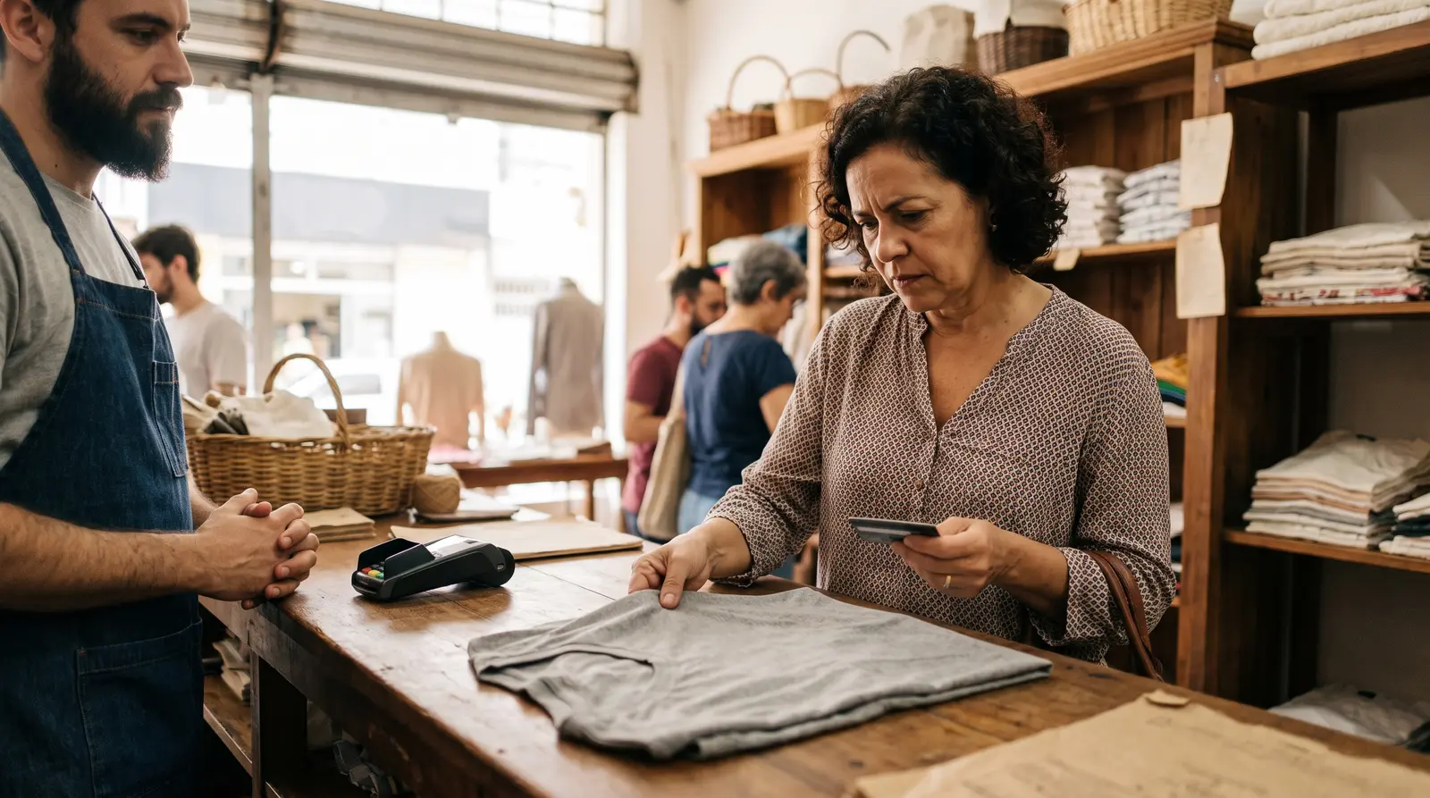 Mulher segura cartão de crédito no balcão de uma loja de roupas enquanto o atendente aguarda o pagamento.