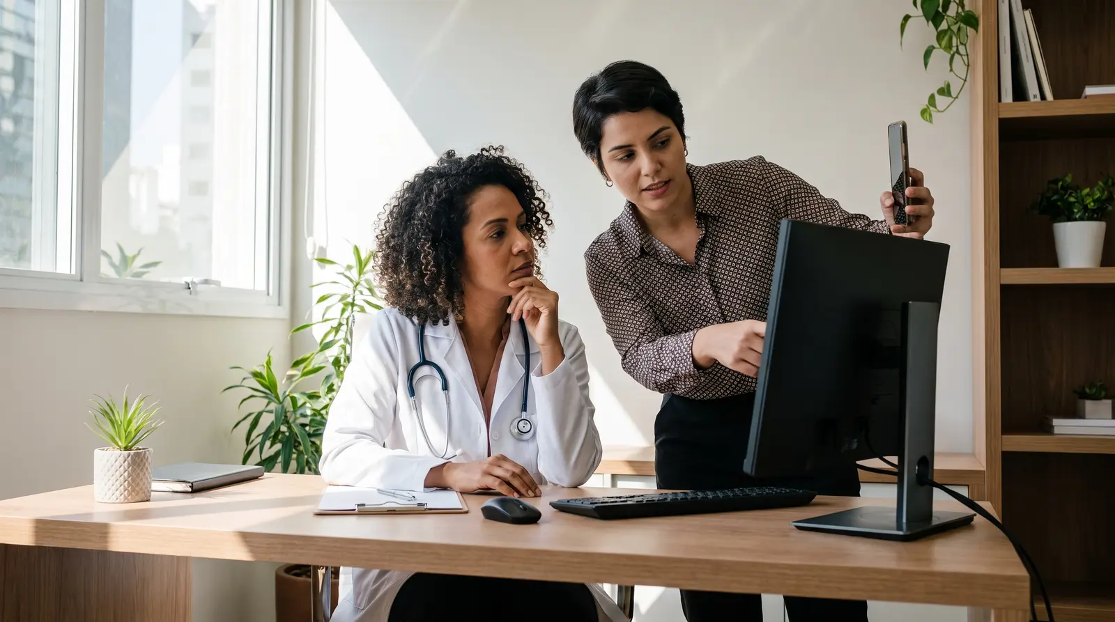 Médica no consultório analisa dados em um monitor ao lado de uma profissional que aponta para a tela.
