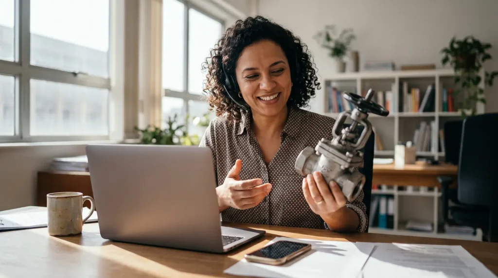 Mulher sorridente com headset segura peça metálica em uma videochamada no notebook sobre a mesa.