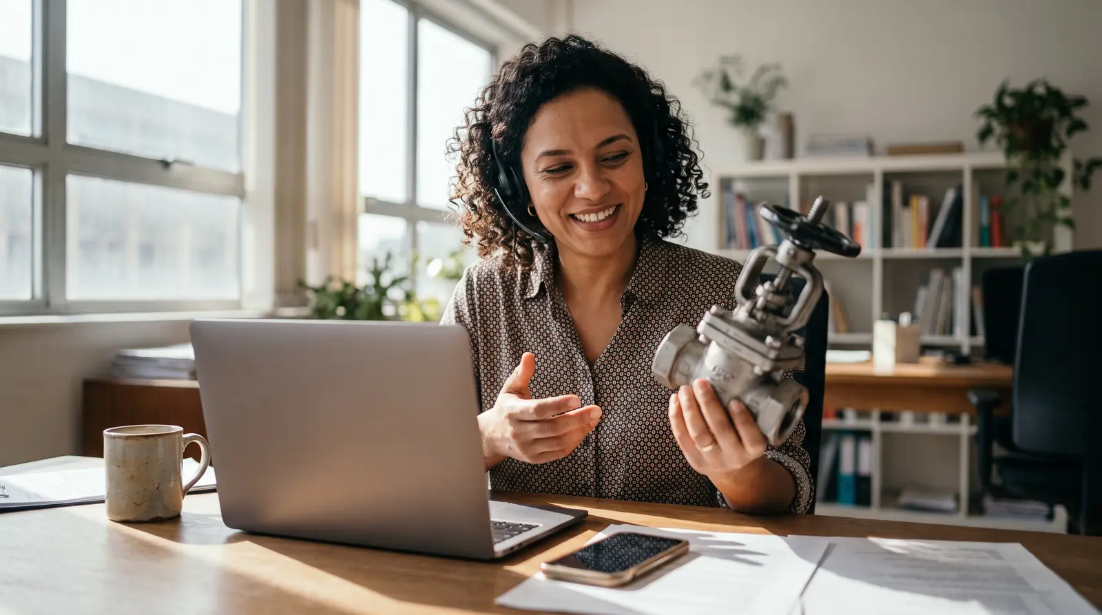 Mulher sorridente com headset segura peça metálica em uma videochamada no notebook sobre a mesa.