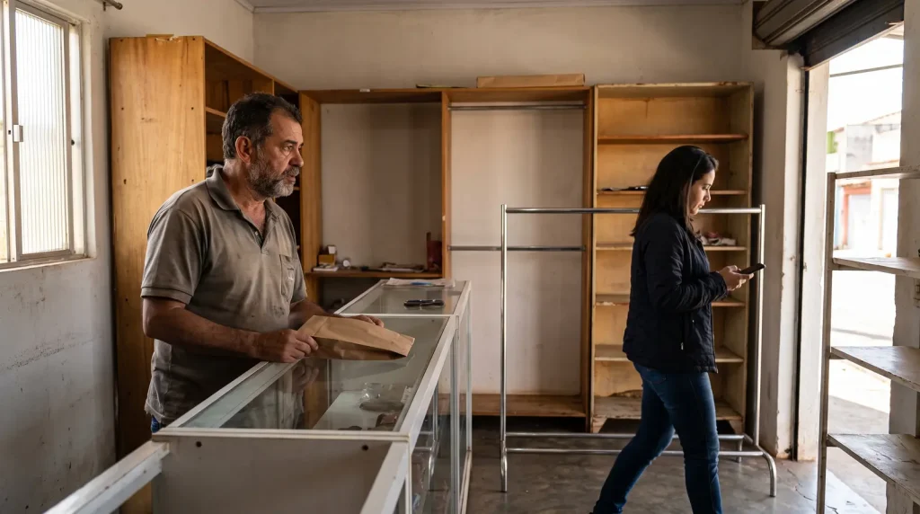 Comerciante no balcão de uma loja pequena enquanto mulher caminha usando o celular.