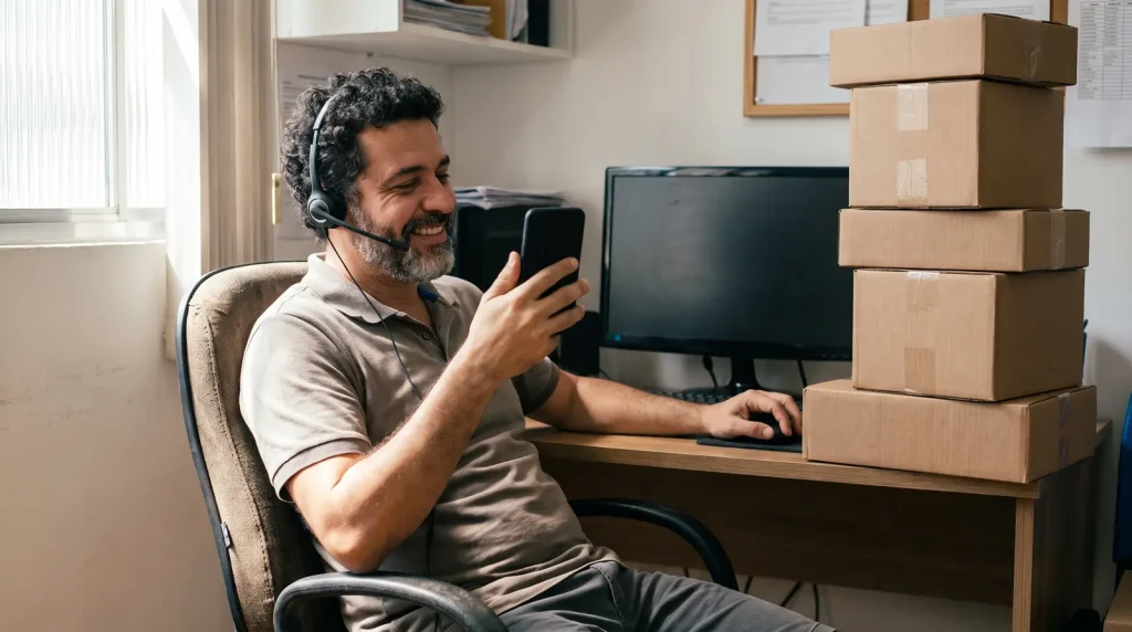 Homem de fone de ouvido sorrindo enquanto olha para o celular no escritório, ao lado de caixas de papelão empilhadas.