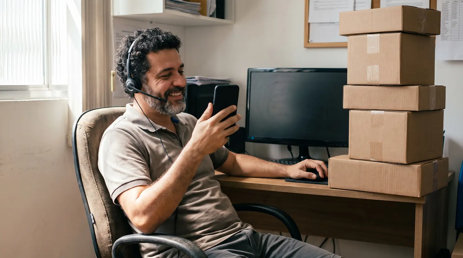 Homem de fone de ouvido sorrindo enquanto olha para o celular no escritório, ao lado de caixas de papelão empilhadas.