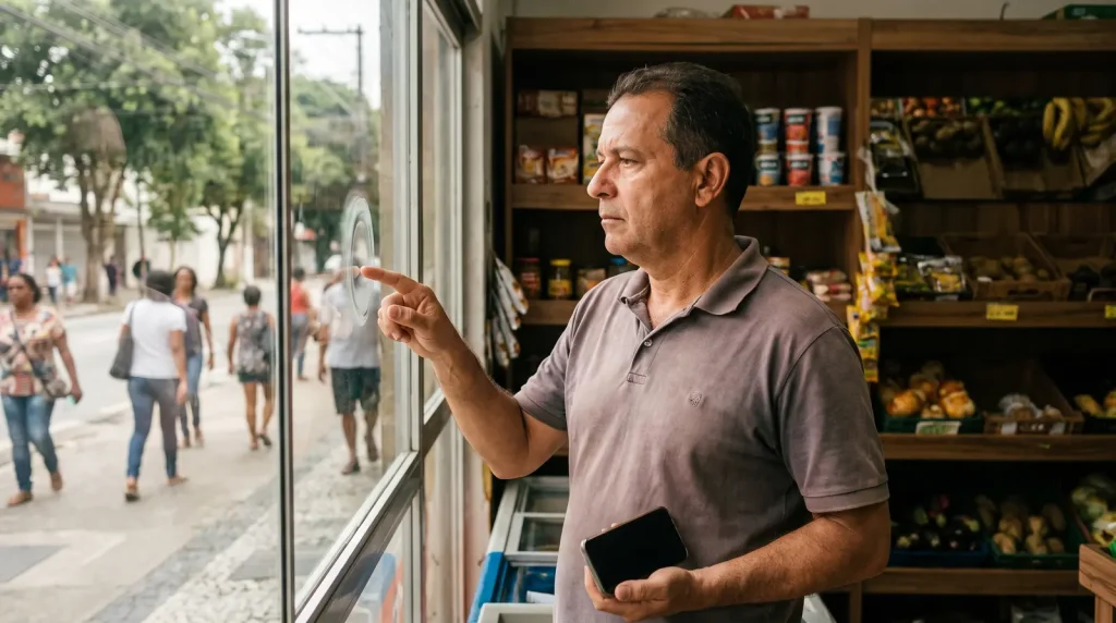 Comerciante dentro de sua loja olhando pela vitrine enquanto aponta para o vidro e segura um celular.