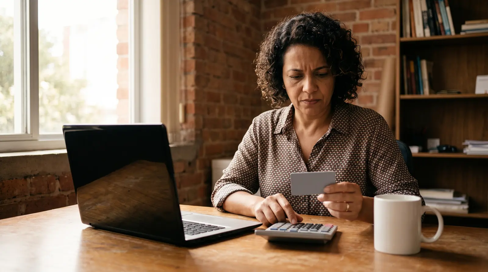 Mulher concentrada segurando cartão de crédito e usando calculadora em frente ao notebook na mesa de madeira.