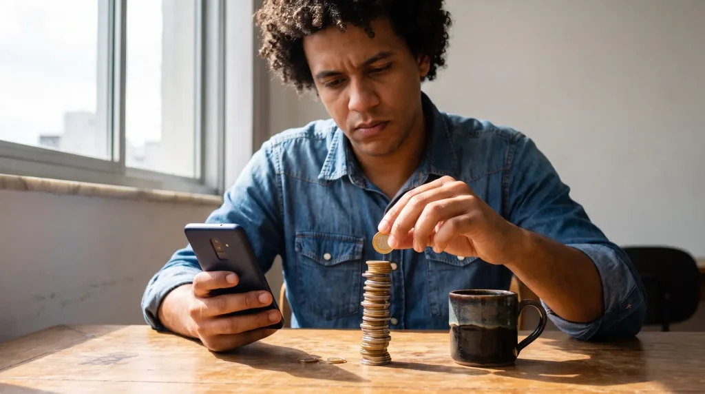 Homem empilha moedas em uma mesa de madeira enquanto segura um celular ao lado de uma xícara de café.